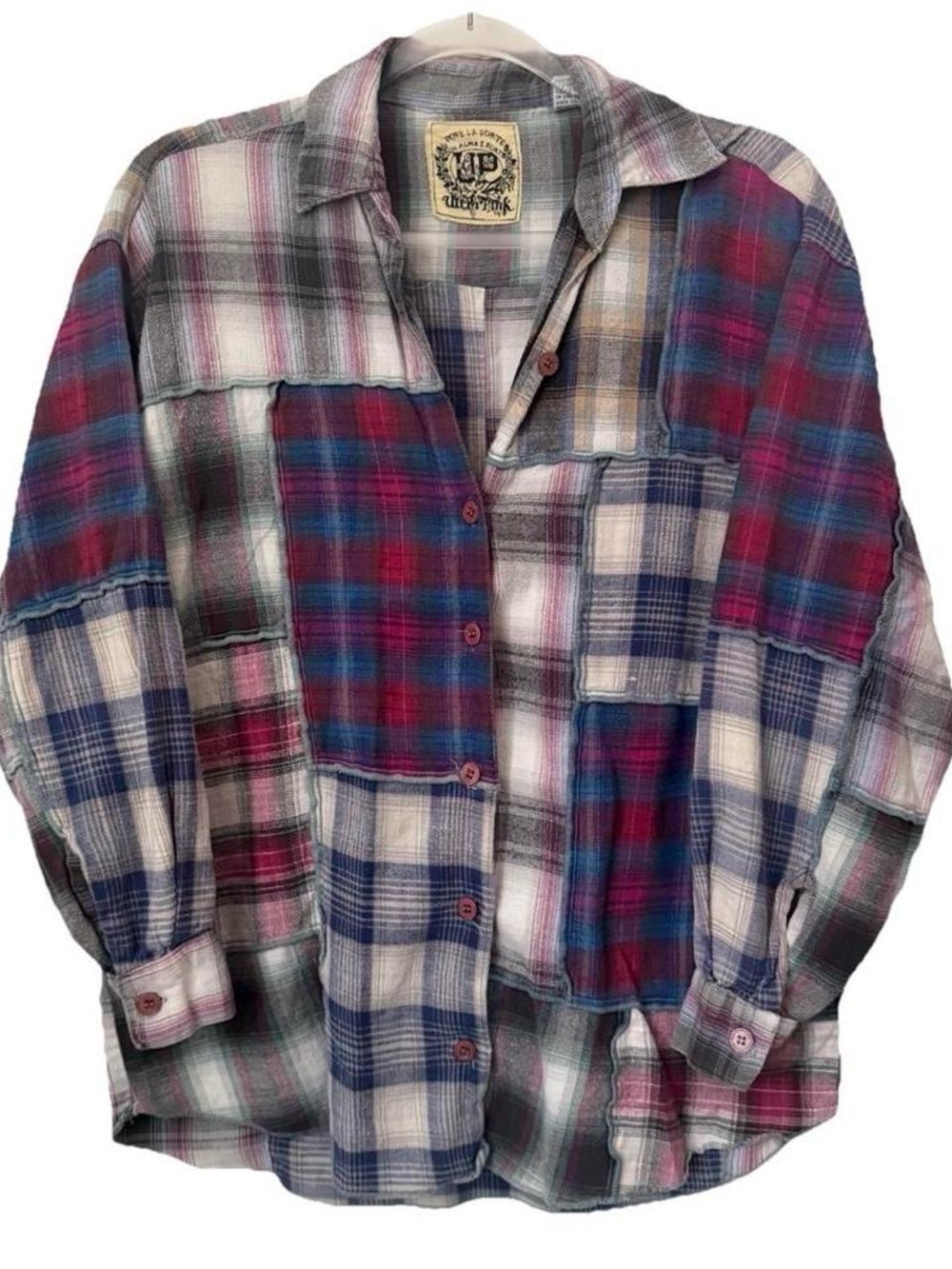 Ultra Pink red white blue multicolored patchwork oversized flannel grunge layer